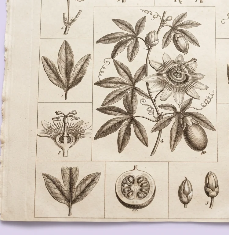A nineteenth-century
  botanical plate: a passionflower drawn whole at the centre, with its leaves,
  buds, flower and sectioned fruit each drawn separately in bordered panels
  around it.